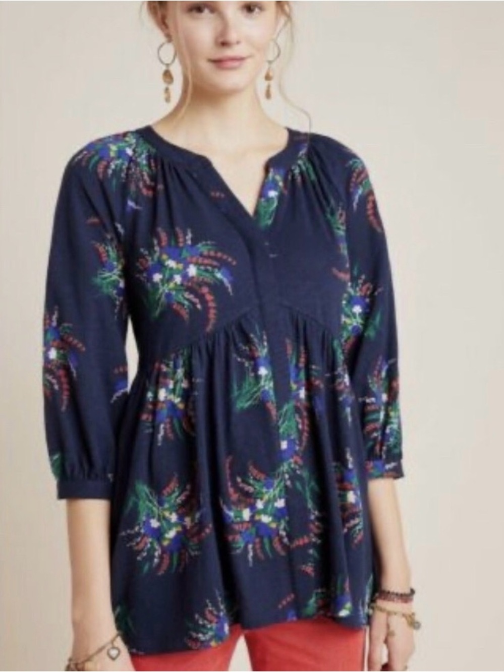 Anthropologie - Maeve Winona Navy Blue Floral Button Down Blouse Size Medium